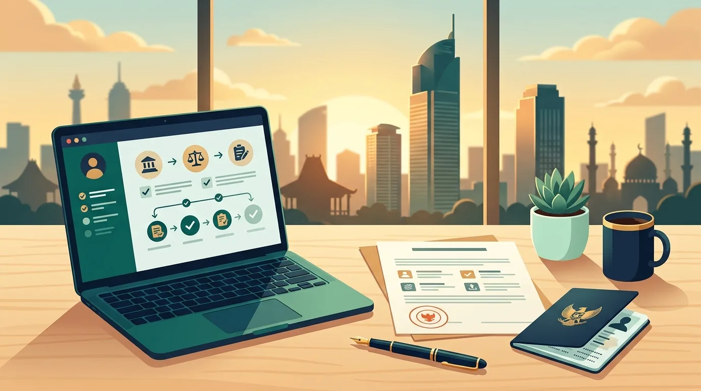 Illustration of the PT PMA company setup process in Indonesia, with legal documents, a passport and the Jakarta skyline